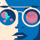 A cream-and-blue illustration of a woman wearing glasses that reflect pink planets and a light blue fly.